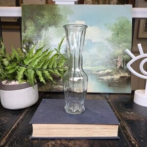 Vintage Clear Glass Paneled Bud Vase 8" Tall Fluted Flare Top Octagonal Base